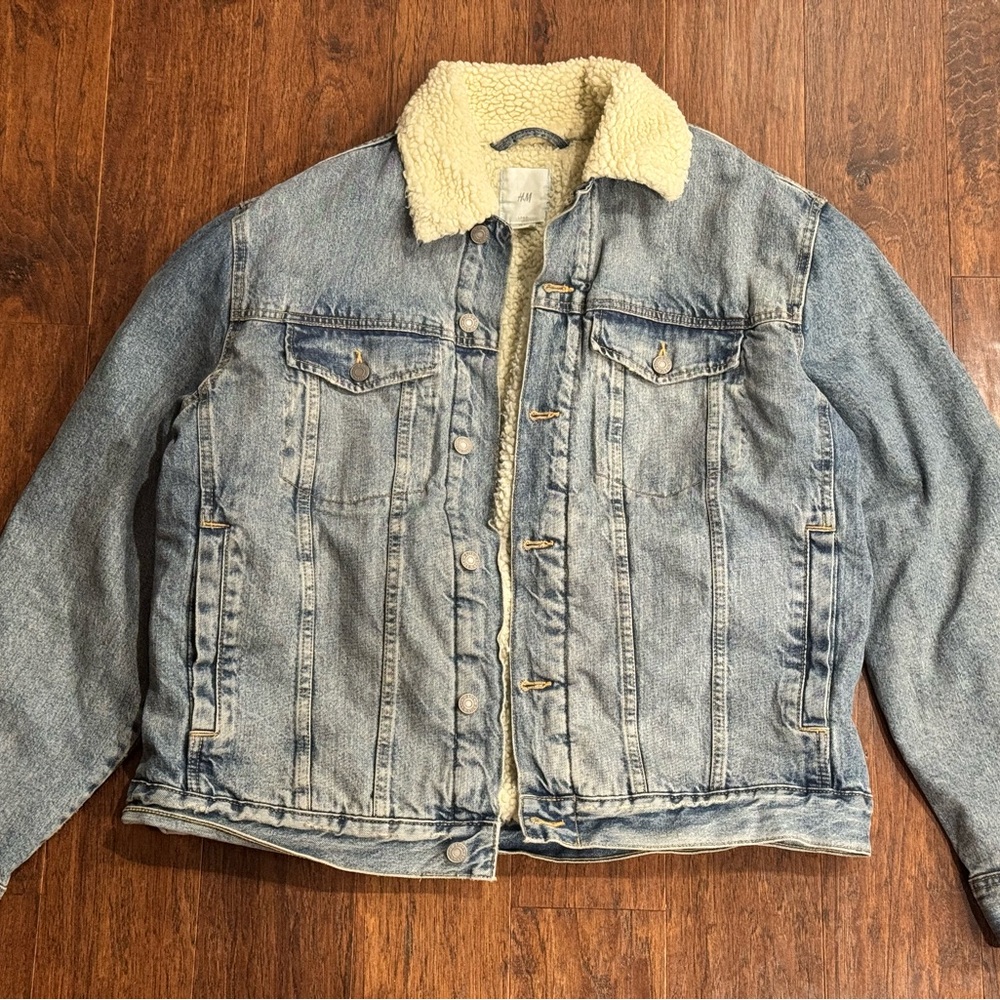H&M Blue 100% Cotton Denim Sherpa Lined Trucker Jean Jacket Mens Sz XL